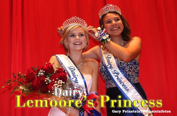 Lemoore's Tristan Rowell, left, was crowned Dairy Princess for 2017-2018 by outgoing princess Ashley Avila at the Hanford Civic Auditorium Friday night.